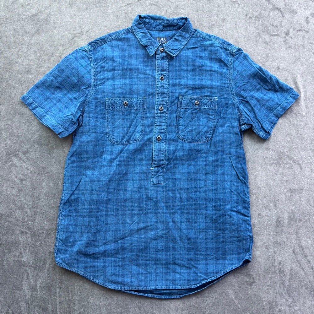 Polo Ralph Lauren Mens Blue Plaid Short Sleeve Popover Shirt Medium Indigo
